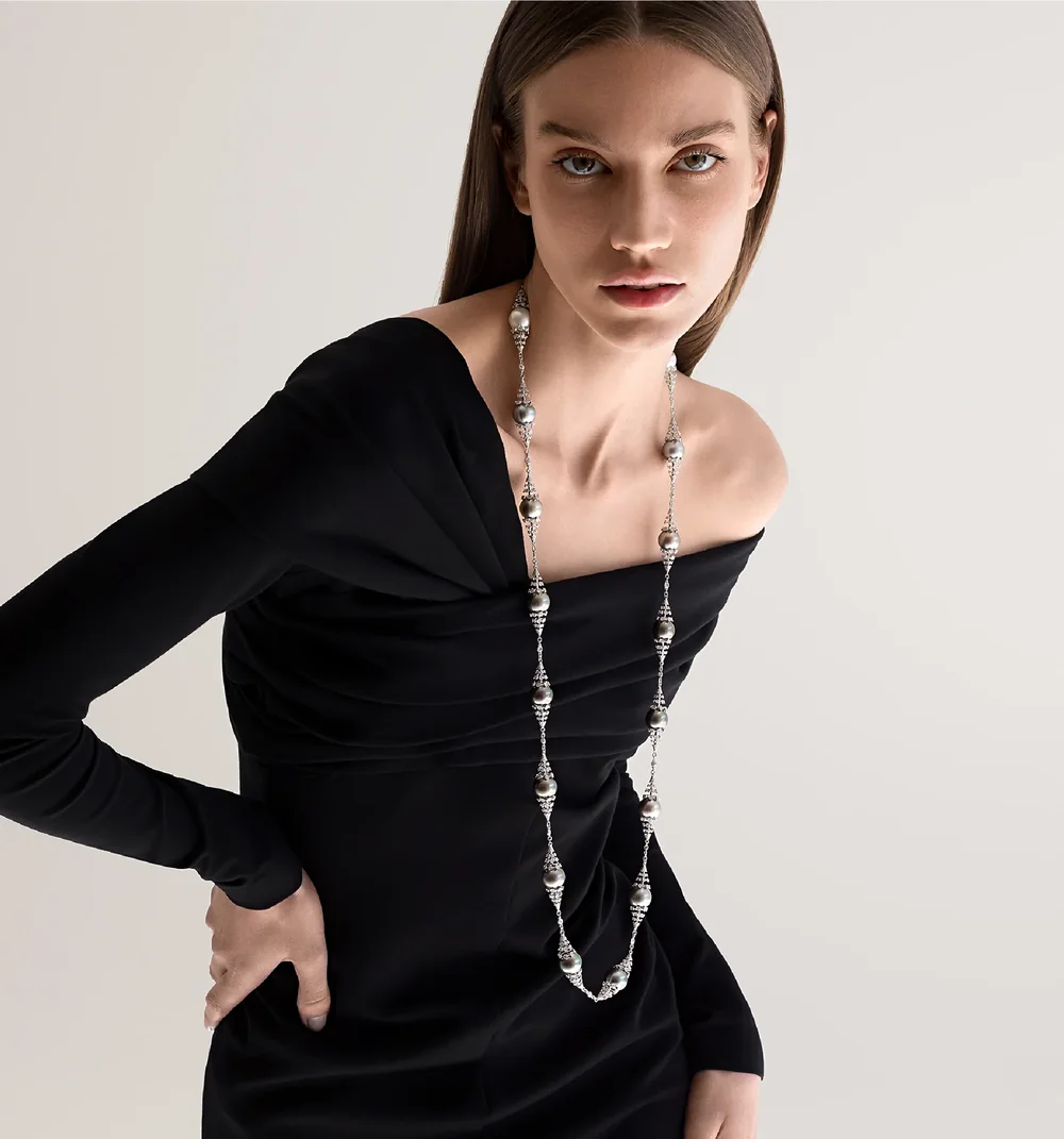 Refined glamour — a pearl strand with eveningwear