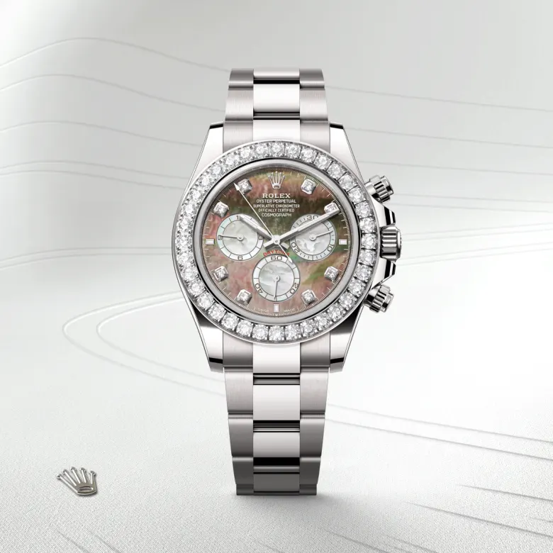 Rolex Cosmograph Daytona in 18 ct white gold, M126579RBR-0001 – Front Showcase View – Palladio Jewellers Mobile Slider