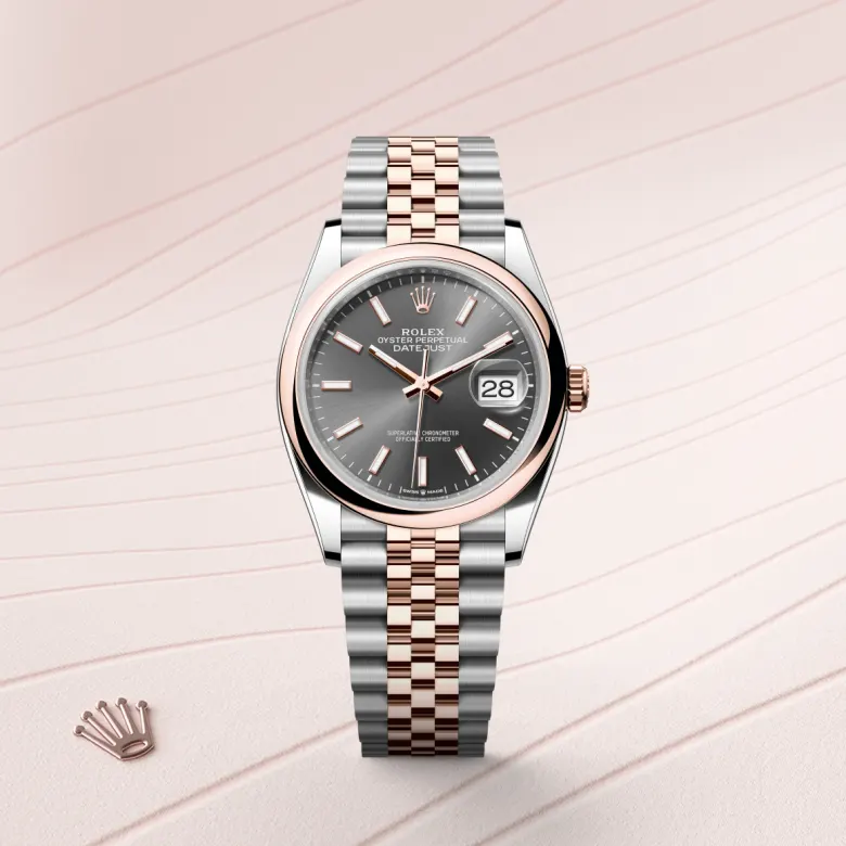 Rolex Datejust in Everose Rolesor - combination of Oystersteel and Everose gold, M126201-0013 – Front Showcase View – Palladio Jewellers Mobile Slider