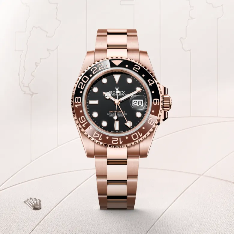 Rolex GMT-Master II in 18 ct Everose gold, M126715CHNR-0001 – Front Showcase View – Palladio Jewellers Mobile Slider
