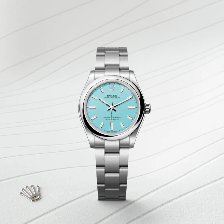 Rolex Oyster Perpetual in Oystersteel, M277200-0007 – Front Showcase View – Palladio Jewellers Mobile Slider