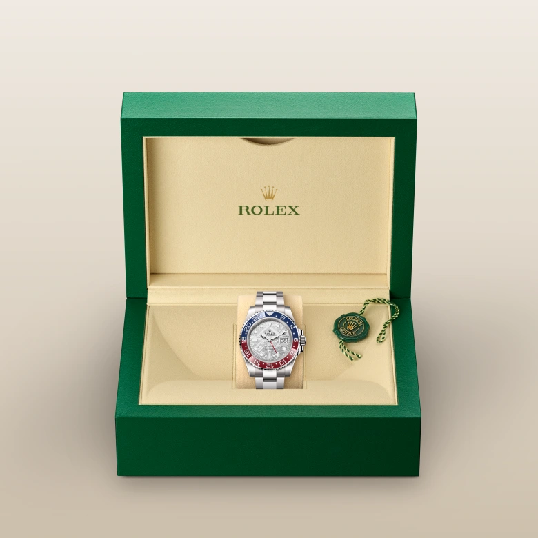 Rolex GMT-Master II in 18 ct white gold, M126719BLRO-0002 – In Box View – Palladio Jewellers Mobile Slider