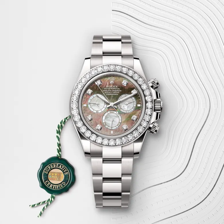 Rolex Cosmograph Daytona in 18 ct white gold, M126579RBR-0001 – Featuring With Seal View – Palladio Jewellers Mobile Slider
