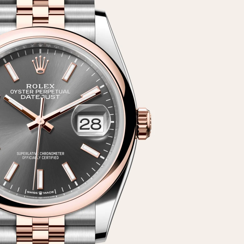 Rolex Datejust in Everose Rolesor - combination of Oystersteel and Everose gold, M126201-0013 – Dial Closeup View – Palladio Jewellers Mobile Slider