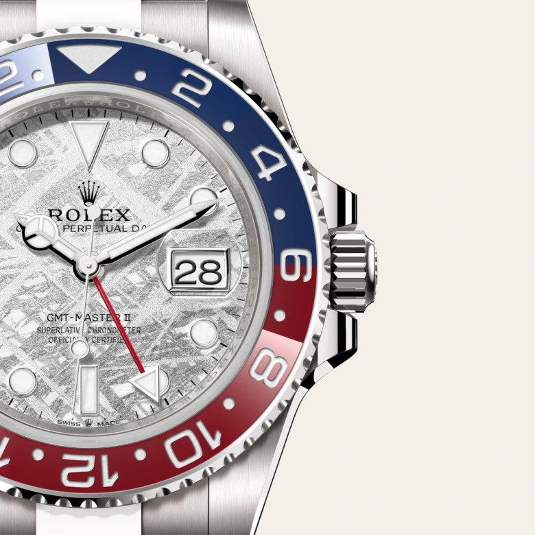 Rolex GMT-Master II in 18 ct white gold, M126719BLRO-0002 – Dial Closeup View – Palladio Jewellers Mobile Slider