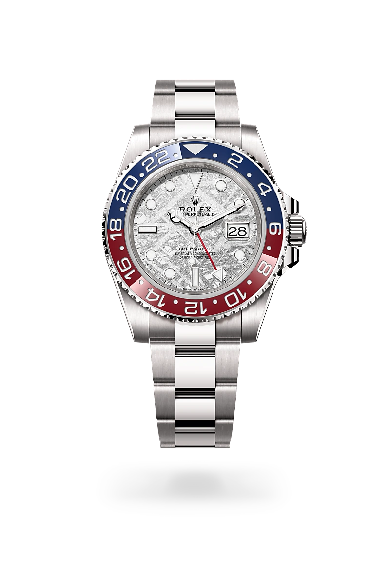 Rolex GMT-Master II in 18 ct white gold, M126719BLRO-0002 – Upright View – Palladio Jewellers Desktop Hero