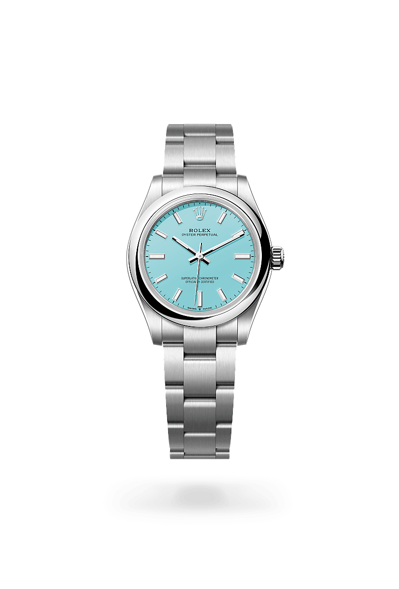 Rolex Oyster Perpetual in Oystersteel, M277200-0007 – Upright View – Palladio Jewellers Desktop Hero