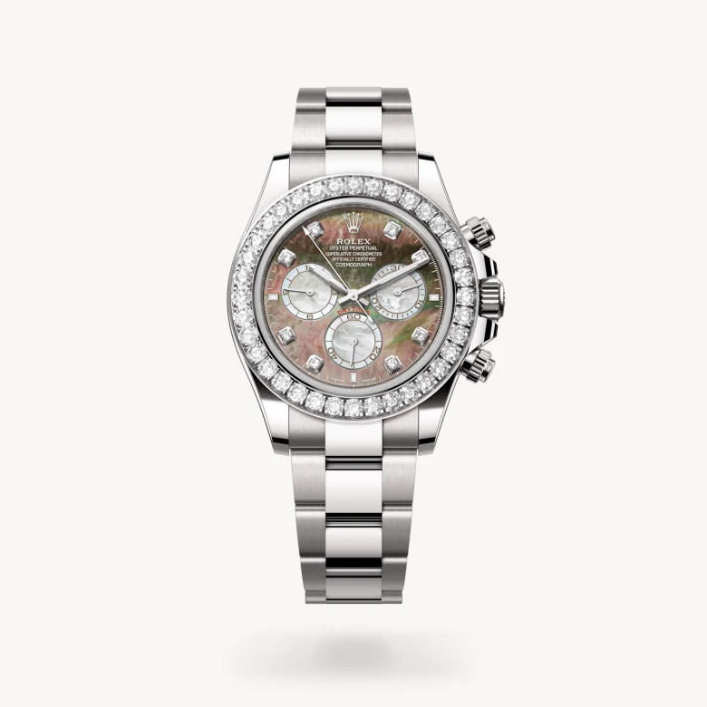 Rolex Cosmograph Daytona in 18 ct white gold, M126579RBR-0001 – Upright View – Palladio Jewellers Mobile Slider