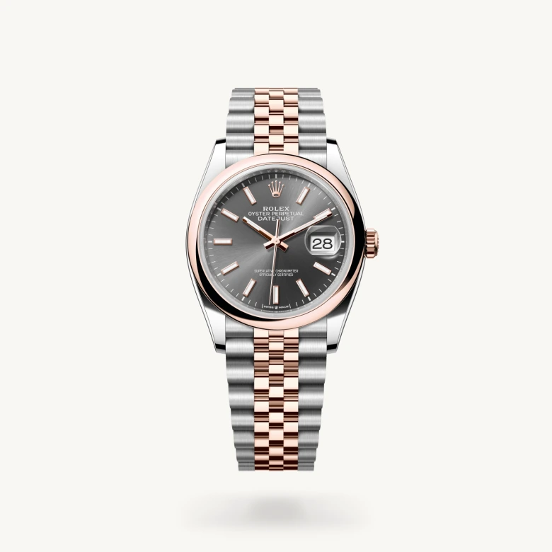 Rolex Datejust in Everose Rolesor - combination of Oystersteel and Everose gold, M126201-0013 – Upright View – Palladio Jewellers Mobile Slider