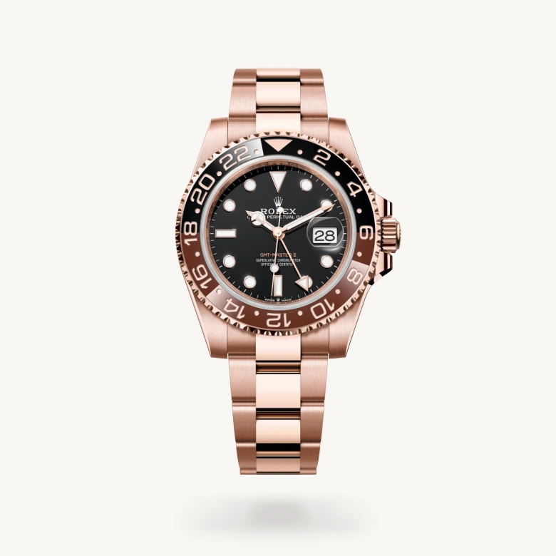 Rolex GMT-Master II in 18 ct Everose gold, M126715CHNR-0001 – Upright View – Palladio Jewellers Mobile Slider