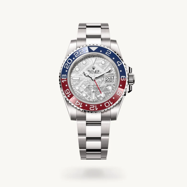 Rolex GMT-Master II in 18 ct white gold, M126719BLRO-0002 – Upright View – Palladio Jewellers Mobile Slider