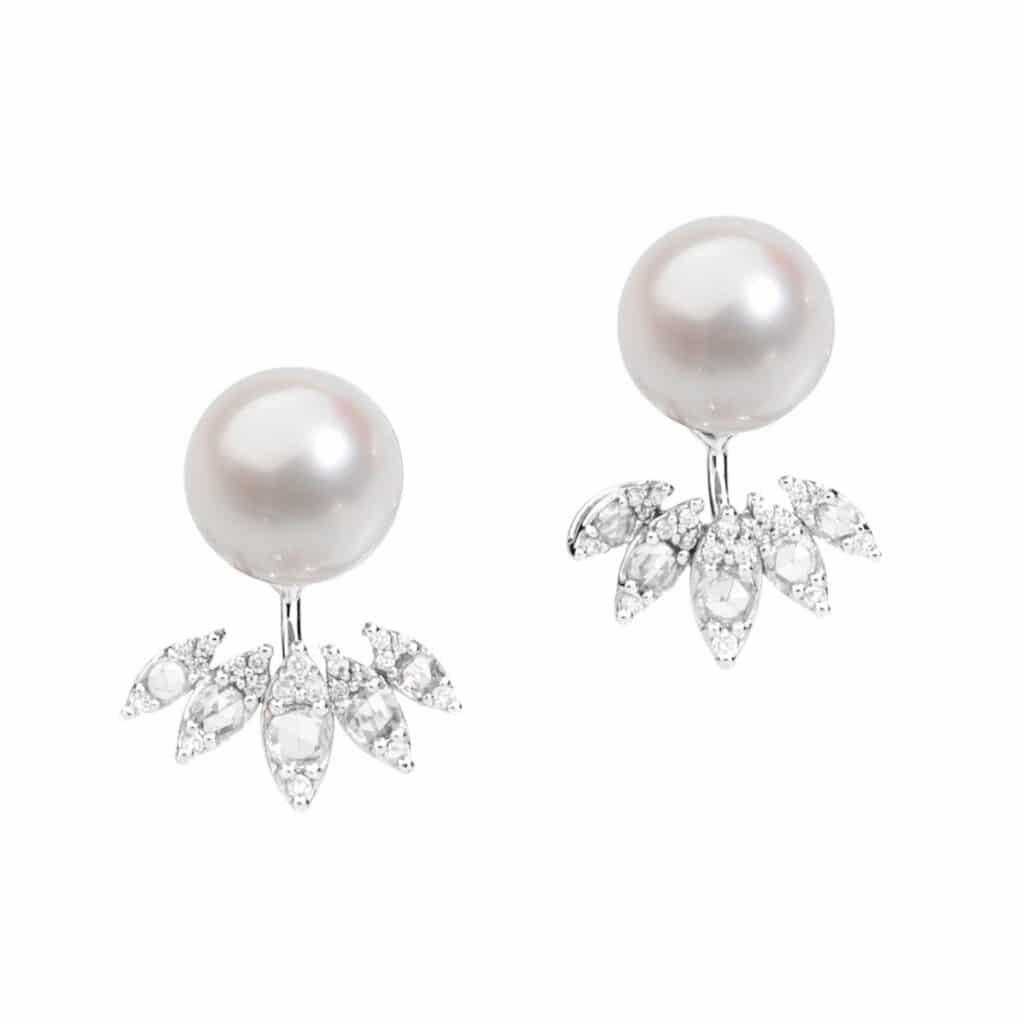 Pearl Studs With White Diamond Petals Details