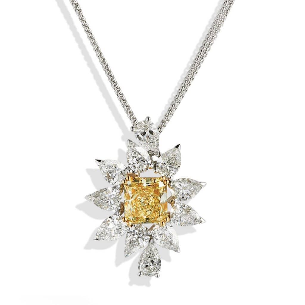 Yellow Diamond Starburst White Diamond Pendent Necklace