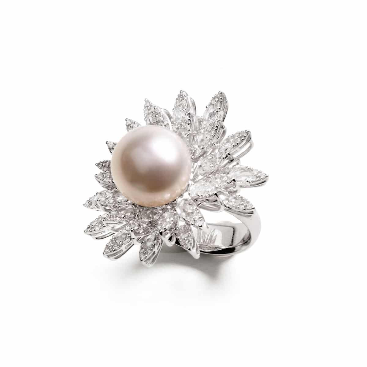 White Diamond Starburst Ring With Pearl Accent