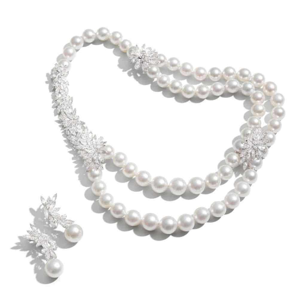 Pearl Double Layer With Diamond Leaf Details Necklace and Earrings Pair