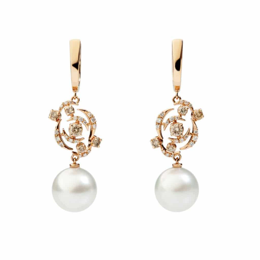 Clair De Lune Yellow Gold Pearl and Diamonds Dangle Earrings