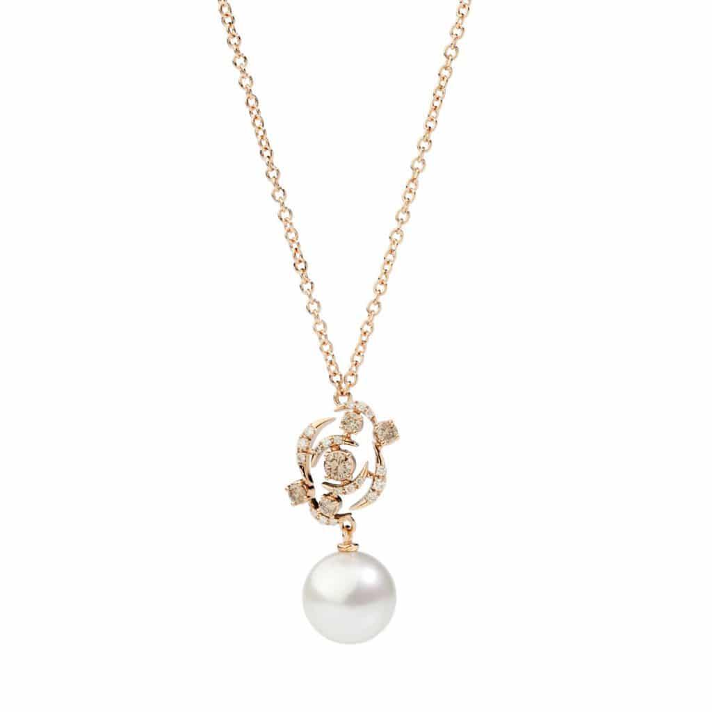 Clair De Lune Yellow Gold Necklace With Pearl and Diamonds Pendant