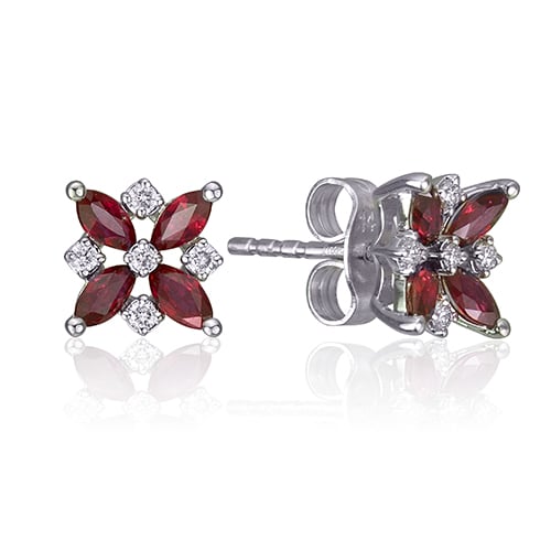 Ruby Flower Petal with White Diamonds Stud Earrings