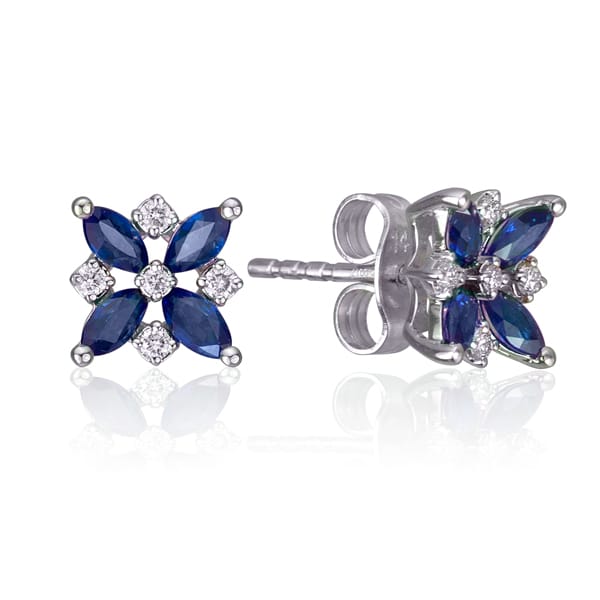 Sapphire Flower Petal with White Diamonds Stud Earrings