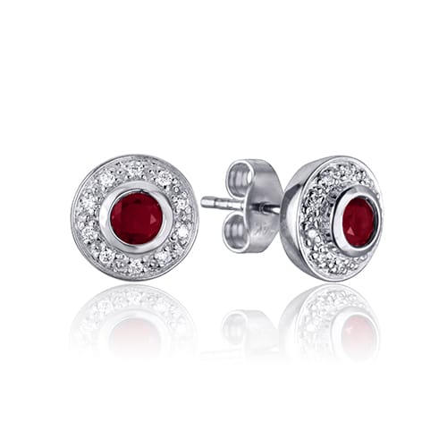 Ruby Stone Surrounded By White Diamonds Stud Earrings
