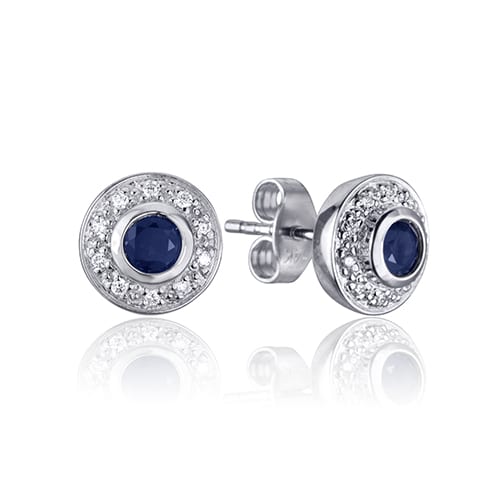 Sapphire Stone Surrounded By White Diamonds Stud Earrings