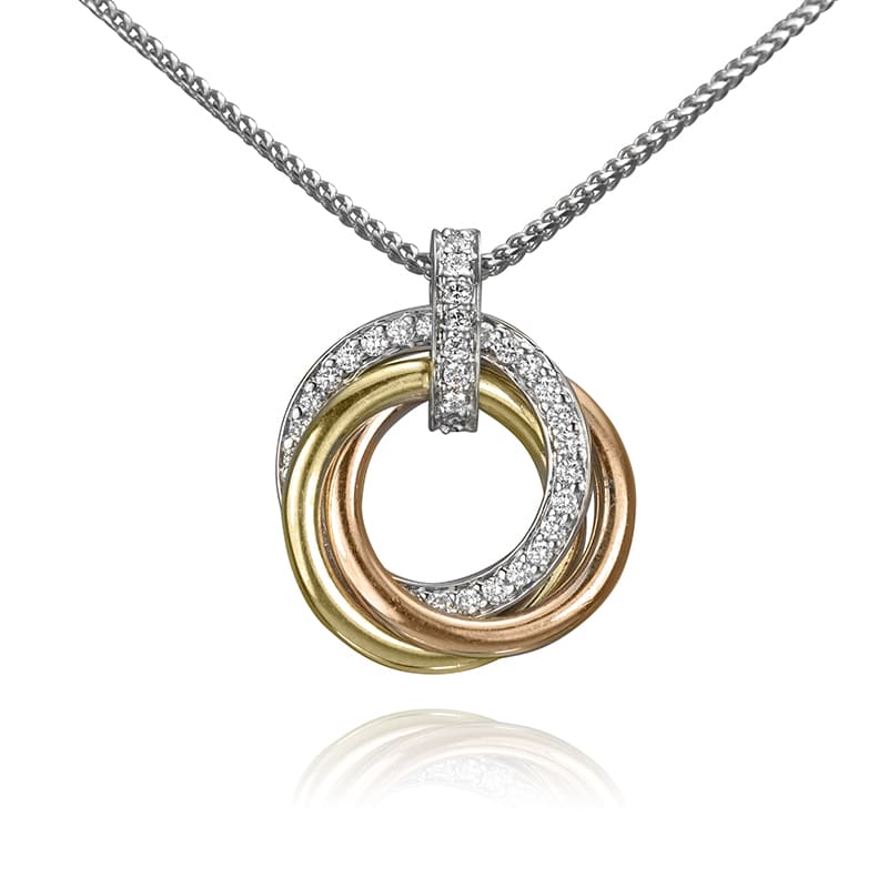 White Gold With White Diamond Swirl Yellow Gold and Rose Gold Necklace