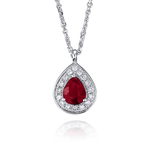 Ruby Teardrop Between White Diamond Pendant Necklace
