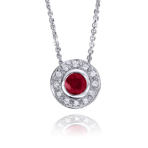 Ruby Circled Between White Diamond Pendant Necklace